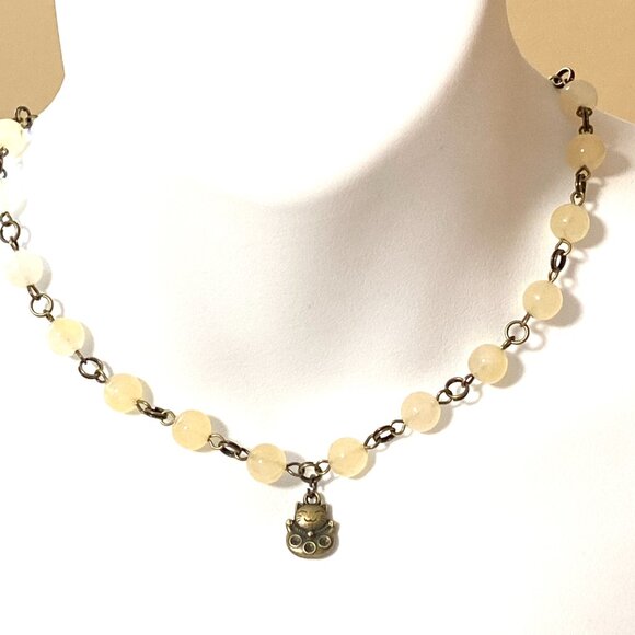 Natural Yellow Aventurine Necklace, Bronze Fortune Cat + Genuine Gemstone Choker - Picture 2 of 14